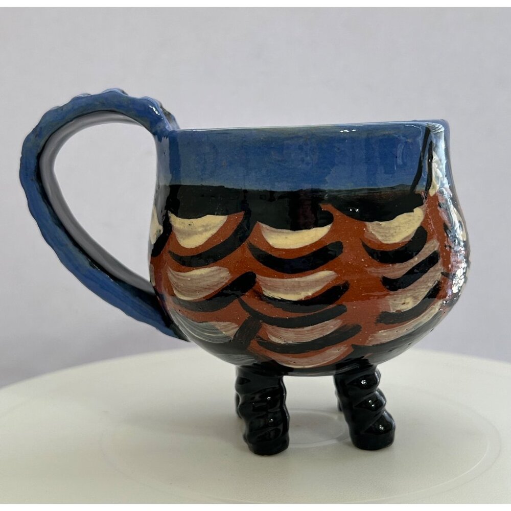 Handmade Pottery Cat Mug Sculpted Legs & Handle Blue Brown Black Whimsical Fun - Picture 4 of 9